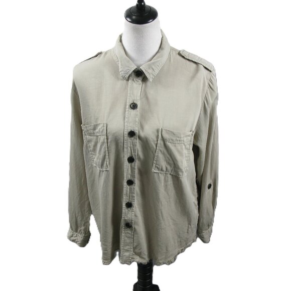 Tribal Jeans Khaki Raw Hem Button Front Shirt Size Large - Picture 1 of 7